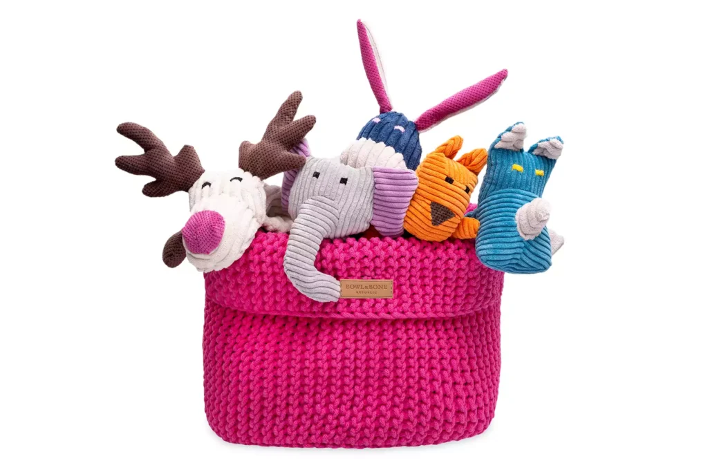 cotton basket pink with dog toys