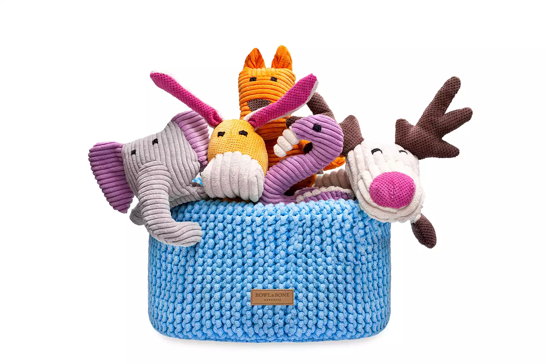 cottom blue dog toy basket with toys