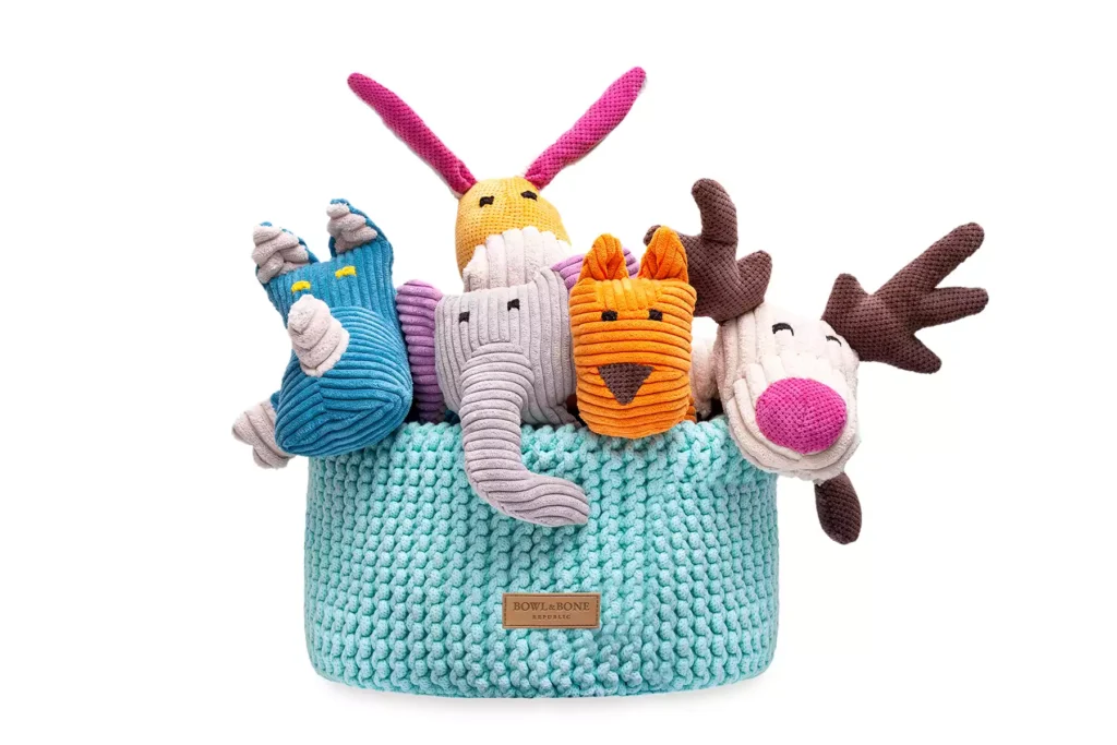 cottom mint dog toy basket with toys