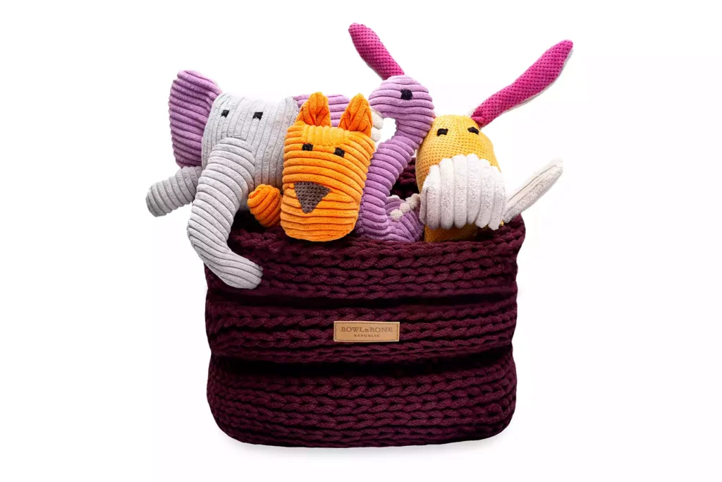 cottom bordo dog toy basket with toys