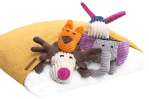 dog sleeping bag yellow with toys