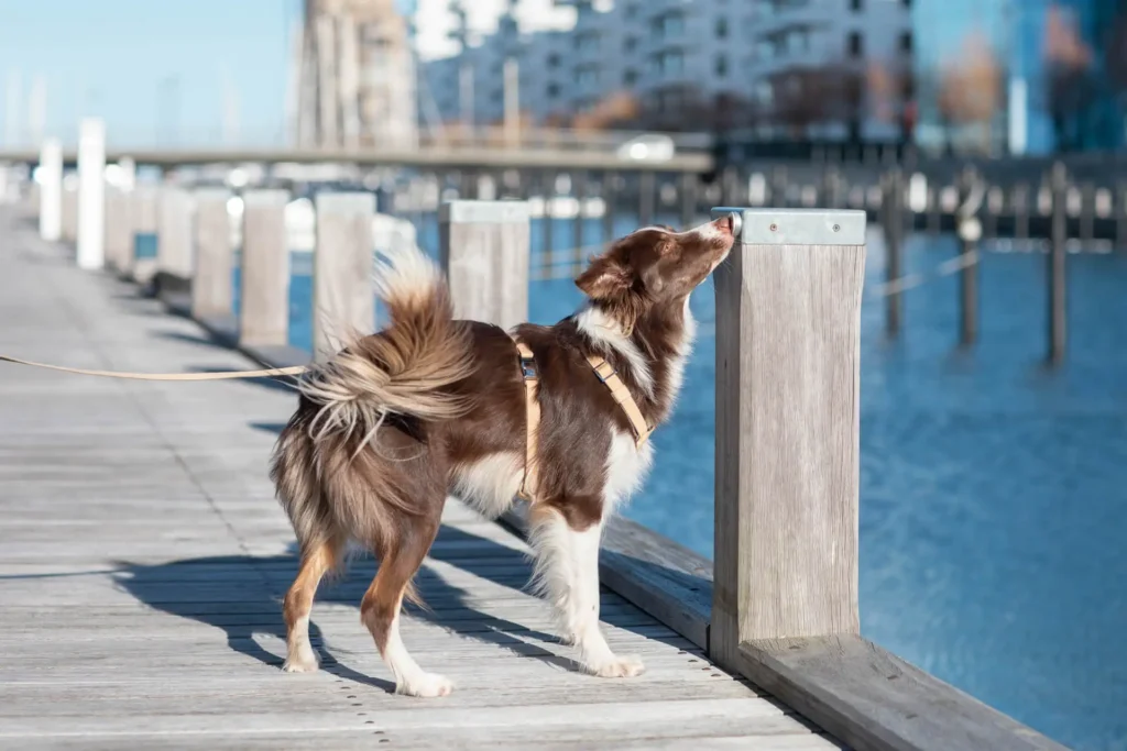 dog on the bridge on a lead