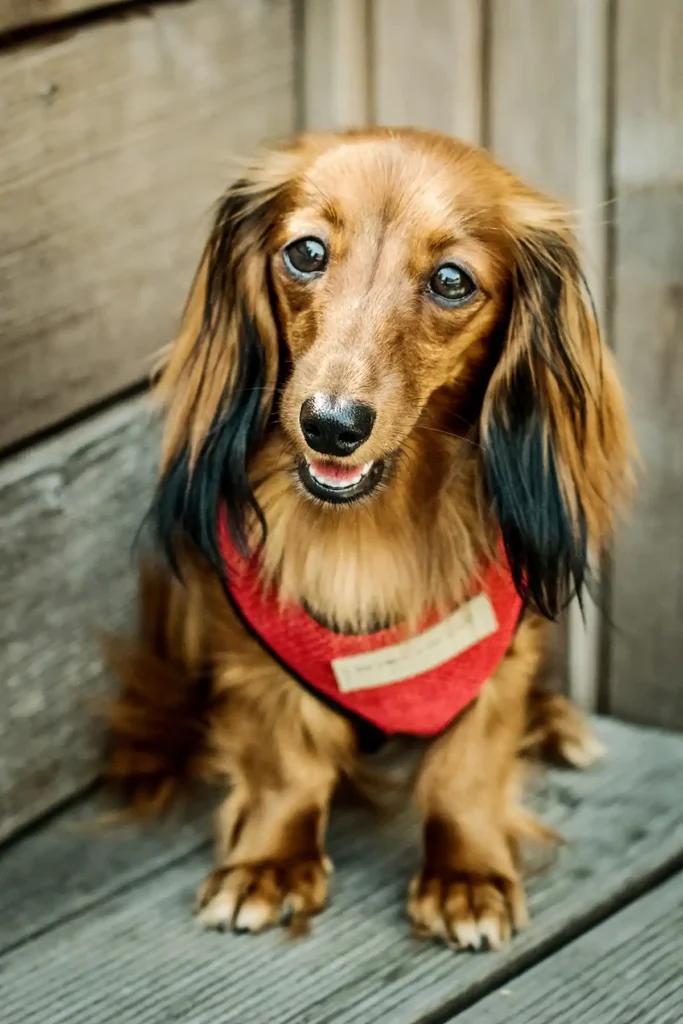 a dog in the red harness