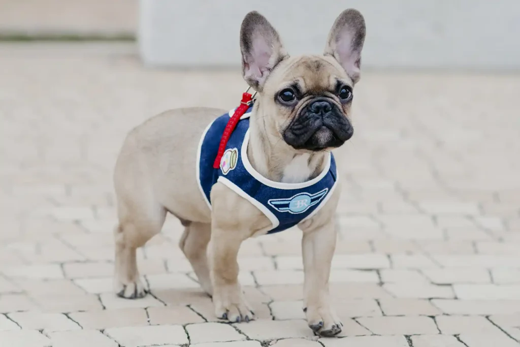a dog with a navy harness on the sidewalk