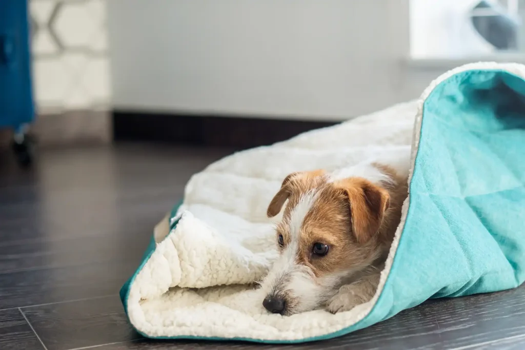 a dog lying in the dog bed