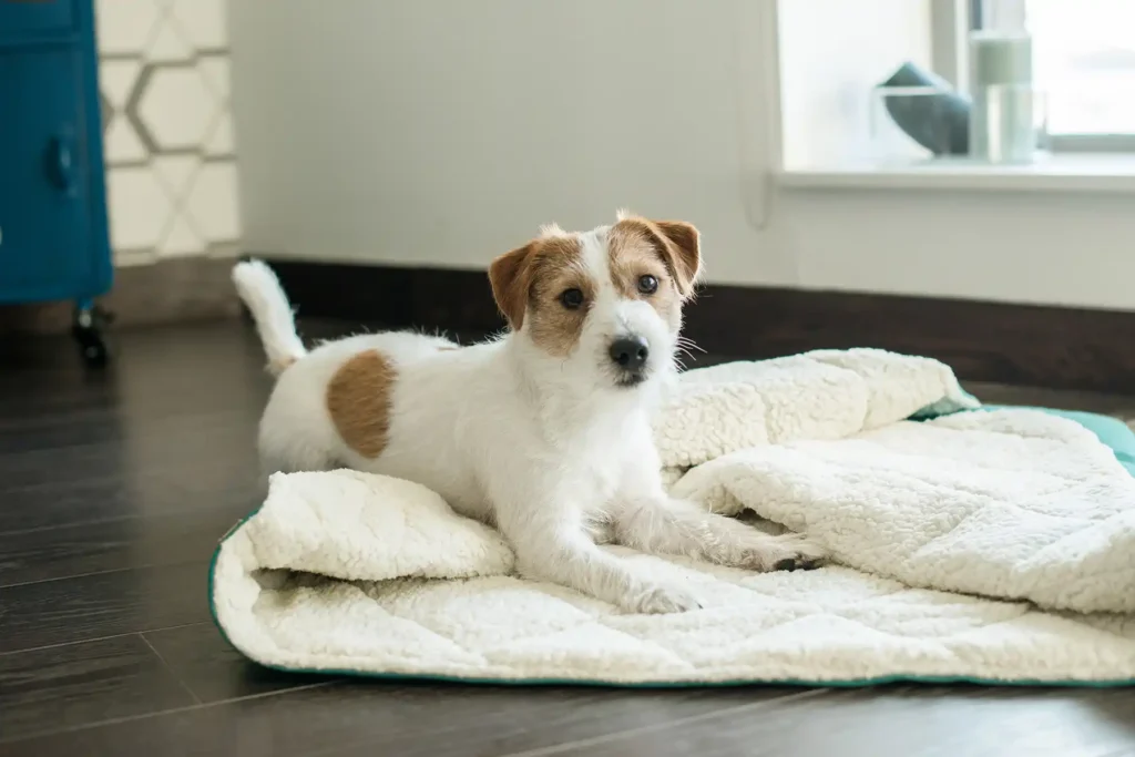 a dog sits on the dog bed