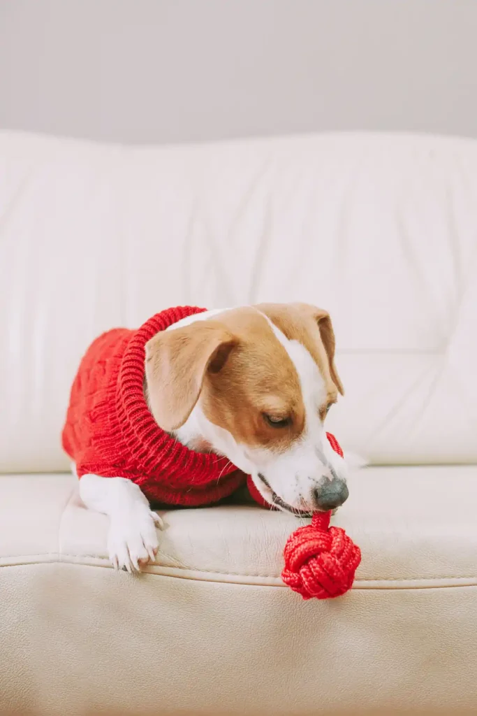 a dog in a red sweater sits on the coach