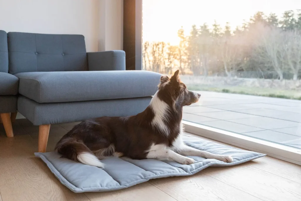 dog on the grey mat