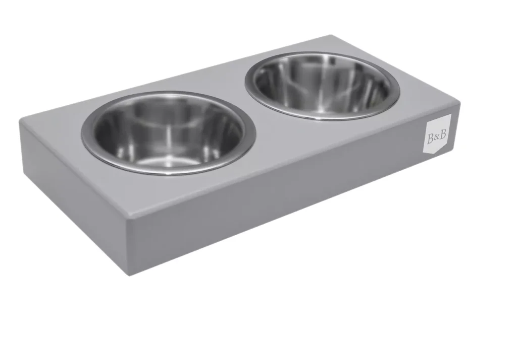dog bowl duo grey with wooden frame