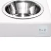 dog bowl duo white with wooden frame close-up