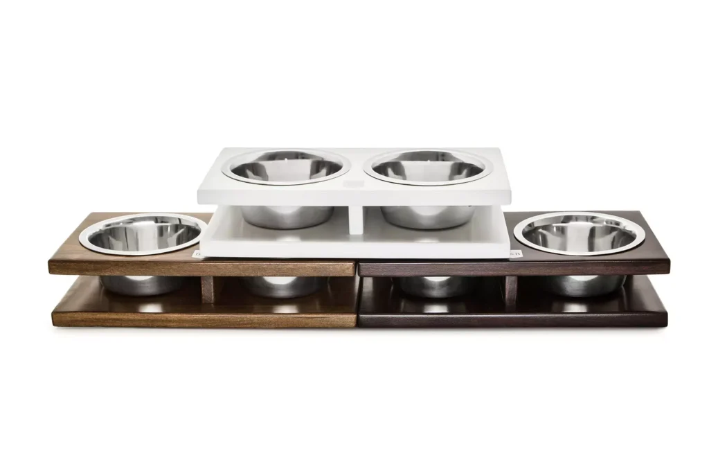 dog bowl duo with wooden frame tree colours