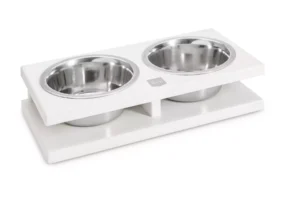 dog bowl duo white with wooden frame
