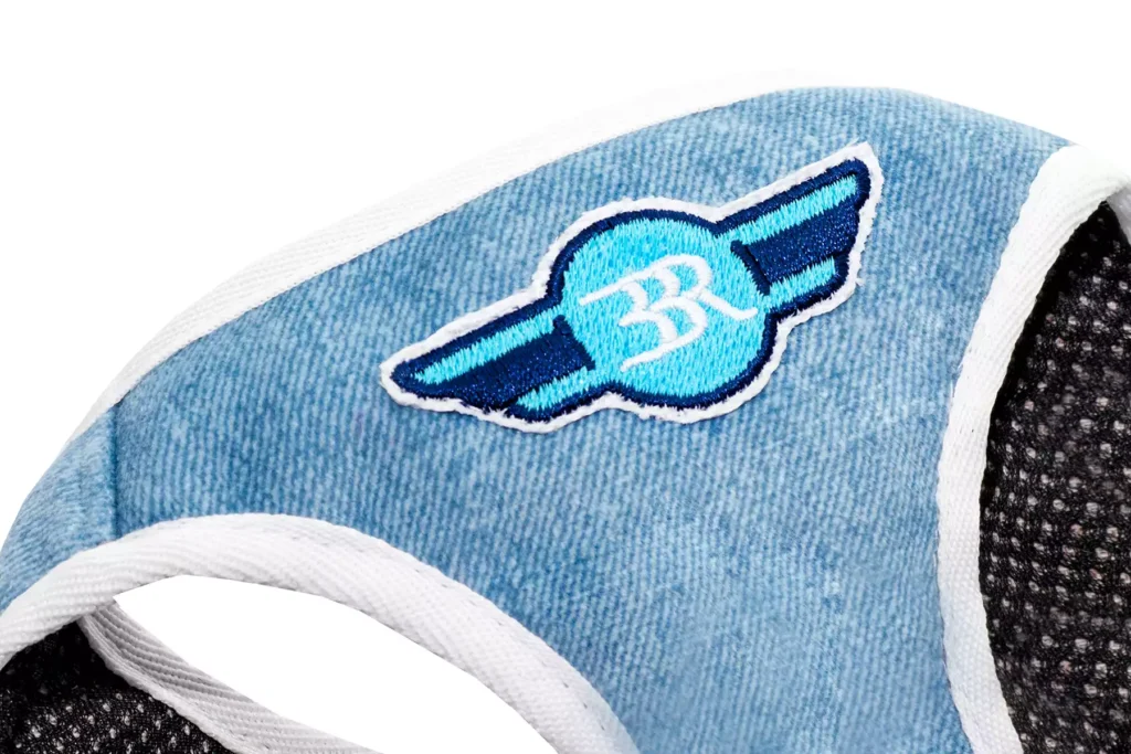dog harness denim blue close-up
