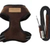 brown dog harness with a lead