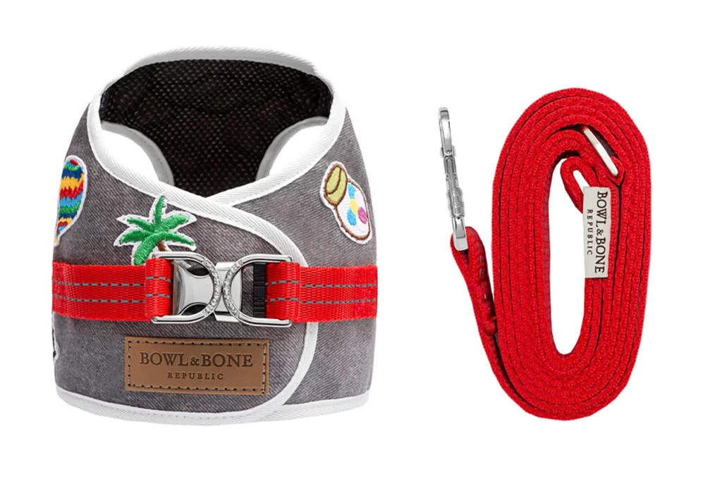 dog harness denim grey with a lead