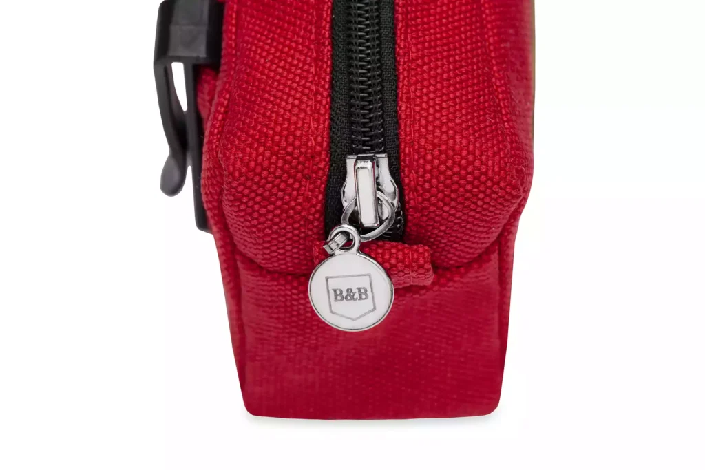 red pouch for dog treats side view