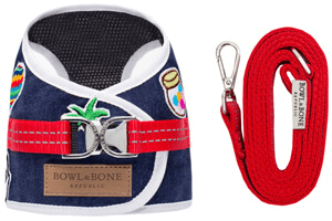 dog harness denim navy with a lead